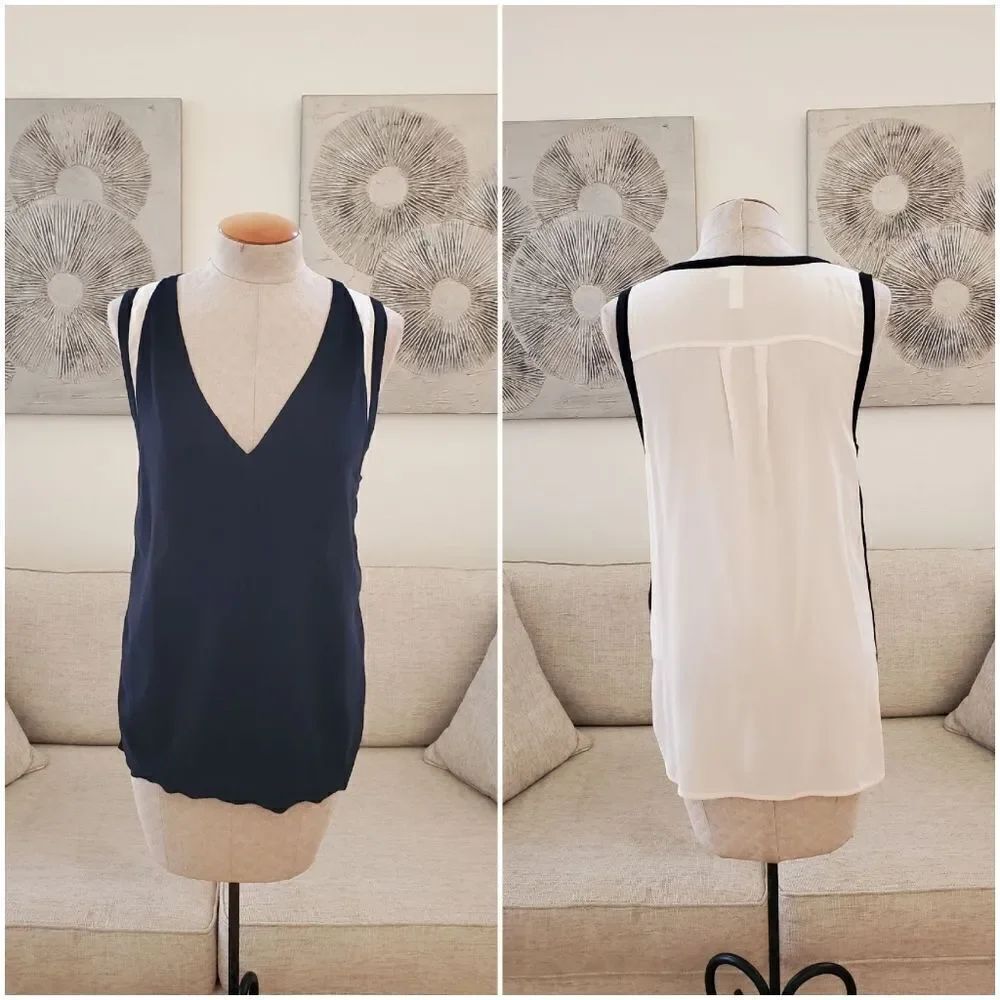 SI IAE | Mixed Media Sleeveless Tunic Blouse - [size Small in Black/Ivory]